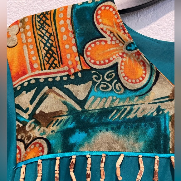 Vintage 80s 2 Piece Set Top Pants Teal Hawaiian Print Trim High Waisted Pleated - Picture 6 of 15